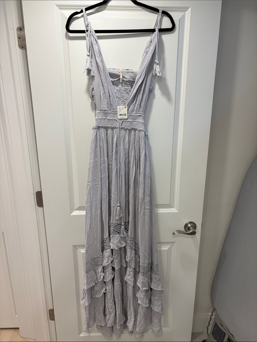 Free People Light Gray Maxi Dress with Lace & Ruffle Details